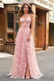 Blush A Line Spaghetti Straps Sparkly Sequin Corset Long Prom Dress With Slit