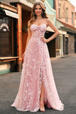 Blush A Line Spaghetti Straps Sparkly Sequin Corset Long Prom Dress With Slit