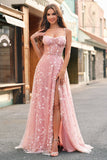 Blush A Line Spaghetti Straps Sparkly Sequin Corset Long Prom Dress With Slit