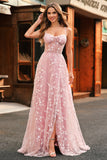 Blush A Line Spaghetti Straps Sparkly Sequin Corset Long Prom Dress With Slit