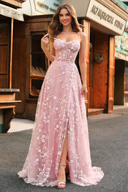 Blush A Line Spaghetti Straps Sparkly Sequin Corset Long Prom Dress With Slit