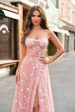 Blush A Line Spaghetti Straps Sparkly Sequin Corset Long Prom Dress With Slit