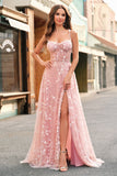 Blush A Line Spaghetti Straps Sparkly Sequin Corset Long Prom Dress With Slit