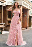 Blush A Line Spaghetti Straps Sparkly Sequin Corset Long Prom Dress With Slit