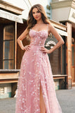 Blush A Line Spaghetti Straps Sparkly Sequin Corset Long Prom Dress With Slit