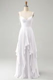 A Line Spaghetti Straps Chiffon Long Eucalyptus Bridesmaid Dress with Ruffles