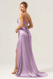 Martini Mermaid Cowl Neckline Ruched Corset Long Satin Bridesmaid Dress with Slit