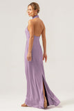 Dark Green Sheath High Neck Halter Backless Long Satin Bridesmaid Dress with Slit