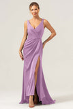 Burgundy Mermaid V Neck Ruched High-Low Long Satin Bridesmaid Dress with Slit