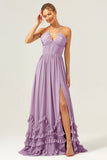 A Line Halter Lace Up Back Chiffon Long Bridesmaid Dress with Slit