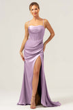 Martini Mermaid Cowl Neckline Ruched Corset Long Satin Bridesmaid Dress with Slit