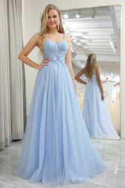 Light Blue A Line Sparkly Tulle Corset Prom Dress With Appliques