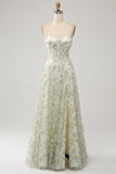 Green A-Line Sweetheart Corset Long Prom Dress with Embroidery