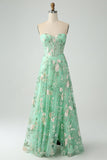 Light Green A-Line Strapless Corset Long Prom Dress with Slit