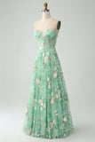 Light Green A-Line Strapless Corset Long Prom Dress with Slit