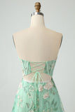 Light Green A-Line Strapless Corset Long Prom Dress with Slit