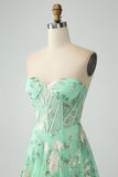 Light Green A-Line Strapless Corset Long Prom Dress with Slit