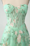 Light Green A-Line Strapless Corset Long Prom Dress with Slit