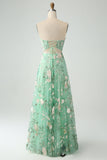 Light Green A-Line Strapless Corset Long Prom Dress with Slit