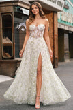 Light Green A-Line Strapless Corset Long Prom Dress with Slit