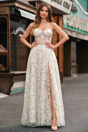 Light Green A-Line Strapless Corset Long Prom Dress with Slit