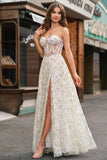 Light Green A-Line Strapless Corset Long Prom Dress with Slit