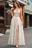 Light Green A-Line Strapless Corset Long Prom Dress with Slit