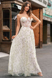 Light Green A-Line Strapless Corset Long Prom Dress with Slit