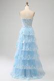 Light Blue Princess A Line Sweetheart Tiered Sequin Tulle Prom Dress With Slit