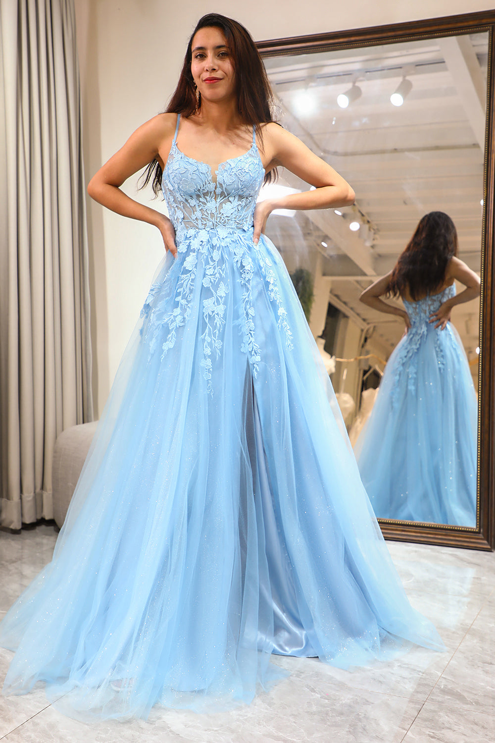 ZAPAKA-Party Zapaka Women's Tulle Light Blue A-Line Spaghetti Straps Beading Prom Party Dress with Slit, Blue / US18W