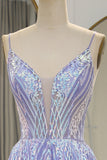 Sparkly Lilac A-Line Backless Long Prom Dress With Appliques
