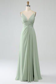 Dusty Sage A-Line Spaghetti Straps Pleated Chiffon Bridesmaid Dress