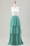 Eucalyptus A-Line Halter Tiered Chiffon Long Bridesmaid Dress With Lace