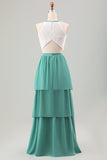 Eucalyptus A-Line Halter Tiered Chiffon Long Bridesmaid Dress With Lace