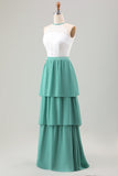 Eucalyptus A-Line Halter Tiered Chiffon Long Bridesmaid Dress With Lace