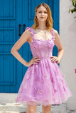 Cute A Line Corset Short Purple Homecoming Dress with Appliques