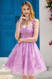 Cute A Line Corset Short Purple Homecoming Dress with Appliques