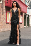 Sparkly Black Mermaid Deep V-Neck Long Prom Dress with Feathers