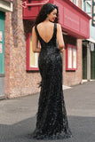 Sparkly Black Mermaid Deep V-Neck Long Prom Dress with Feathers