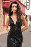 Sparkly Black Mermaid Deep V-Neck Long Prom Dress with Feathers