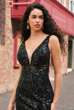 Sparkly Black Mermaid Deep V-Neck Long Prom Dress with Feathers