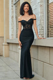 Sparkly Black Mermaid Off The Shoulder Sequins Corset Long Prom Dress