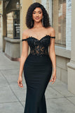 Sparkly Black Mermaid Off The Shoulder Sequins Corset Long Prom Dress