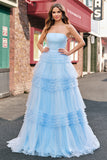 Light Blue Tulle A Line Strapless Tiered Long Prom Dress