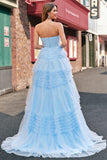 Light Blue Tulle A Line Strapless Tiered Long Prom Dress