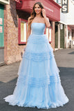 Light Blue Tulle A Line Strapless Tiered Long Prom Dress