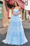 Light Blue Tulle A Line Strapless Tiered Long Prom Dress