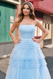 Light Blue Tulle A Line Strapless Tiered Long Prom Dress