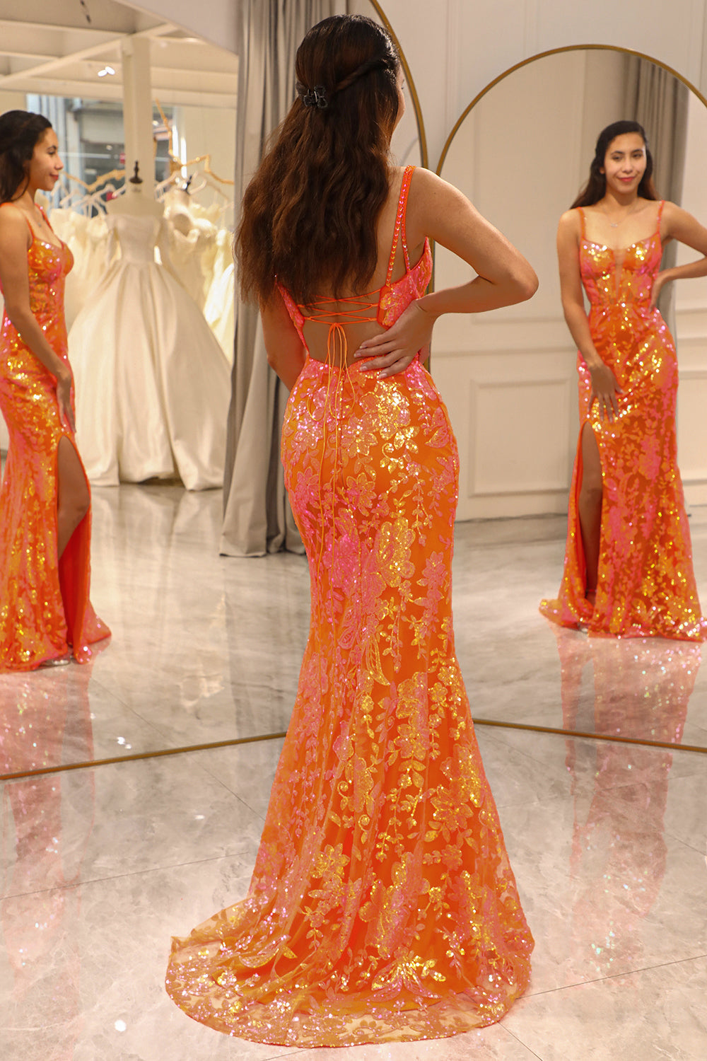 Wedtrend Women Sparkly Orange Prom Dress Mermaid Corset Long