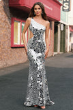 Silver Mermaid Sequins One Shoulder Cut Out Mirror Prom Dress